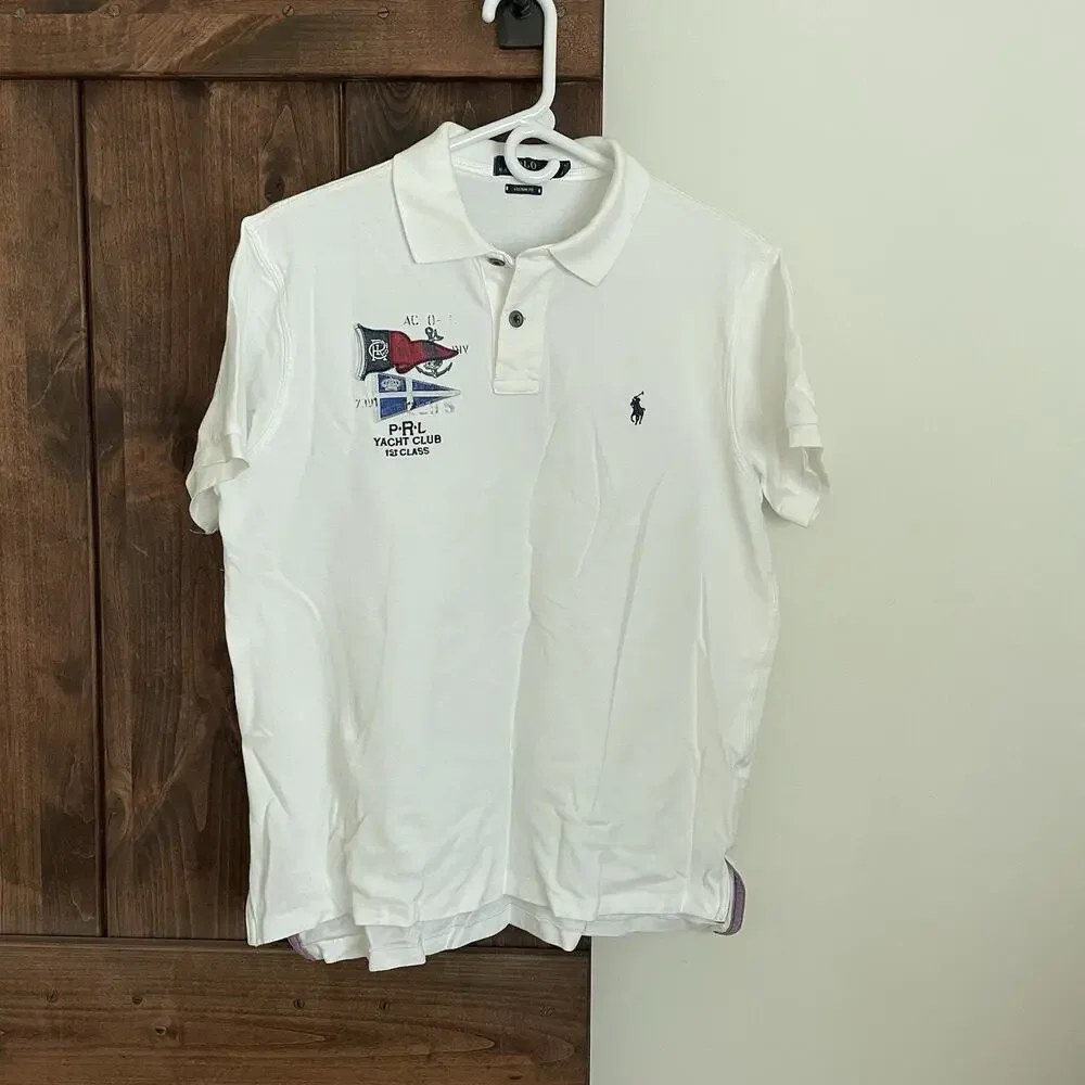 Polo Ralph Lauren Shirt Mens Large White Polo Yacht Club 1st Class Embroidered*